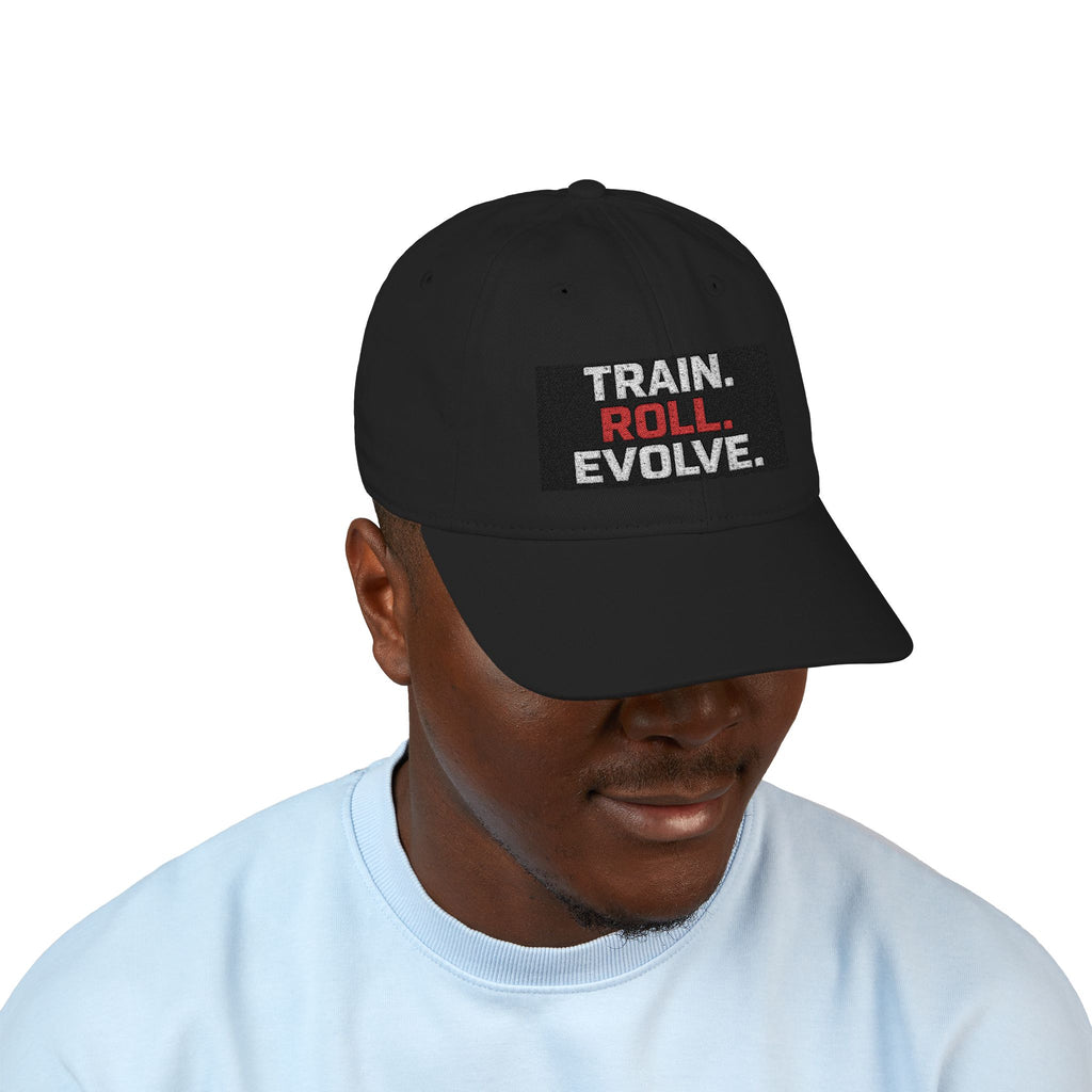 Train. Roll. Evolve. Embroidered Baseball Cap — Organic Cotton Fitness Hat