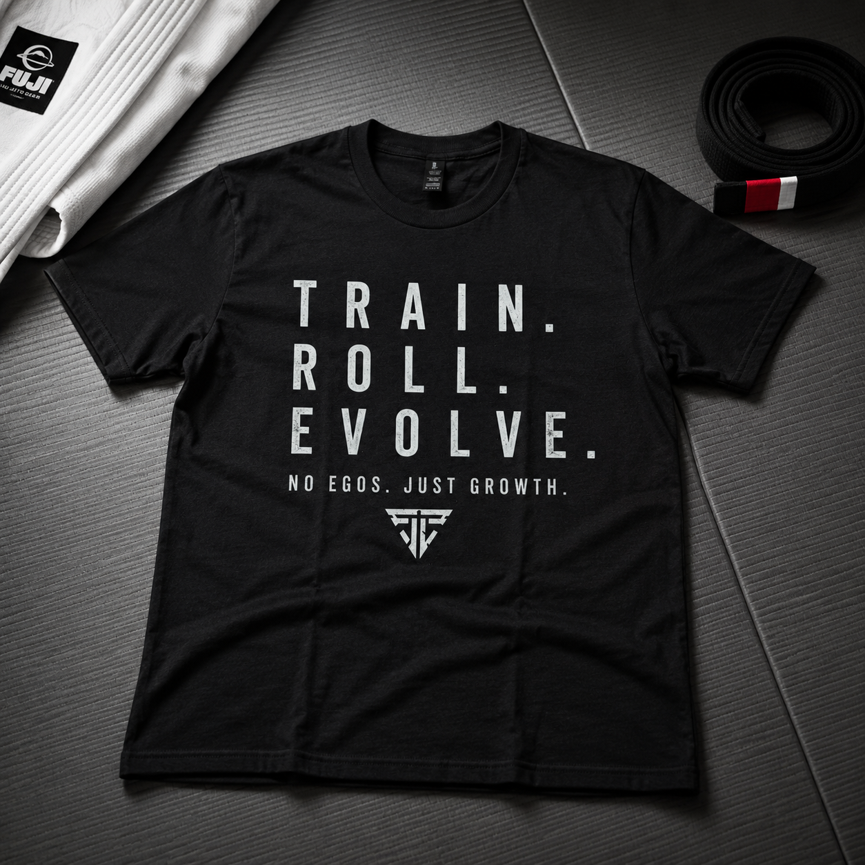 Train. Roll. Evolve. Workout Tee — No Egos, Just Growth Gym T-Shirt