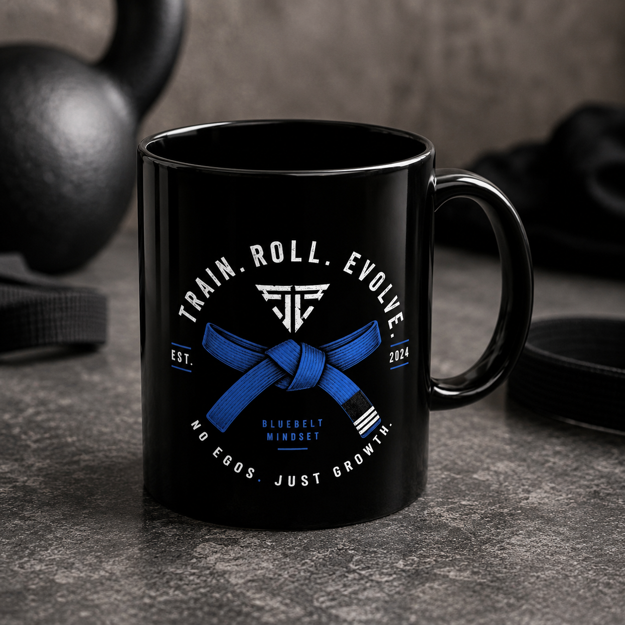 Martial Arts Blue Belt Mug — "Train. Roll. Evolve." Black Coffee Cup (11oz/15oz)