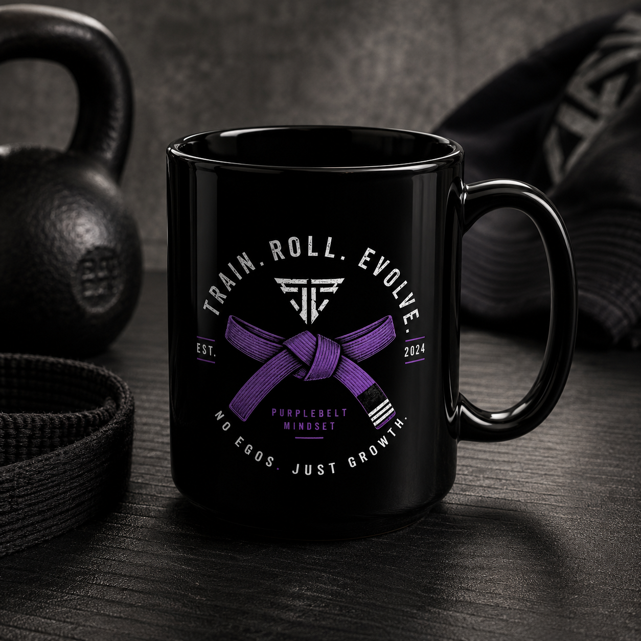 Purple Belt Martial Arts Mug — "Train. Roll. Evolve." Black Coffee Cup (11oz/15oz)