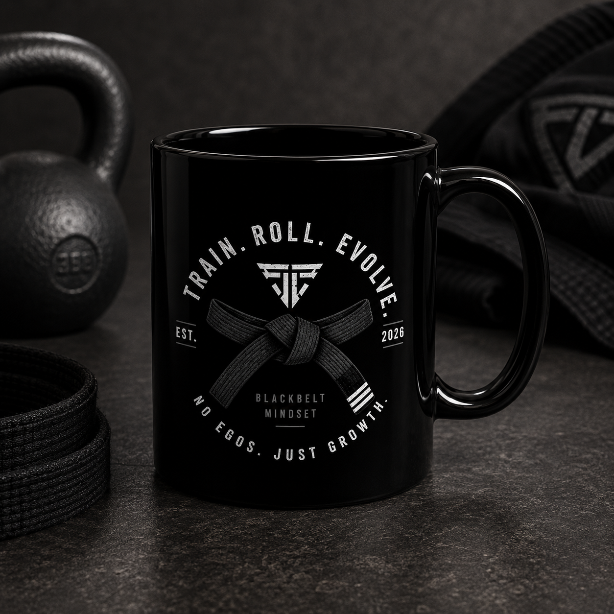 Black Martial Arts Mug — "Train. Roll. Evolve." 11oz/15oz Ceramic