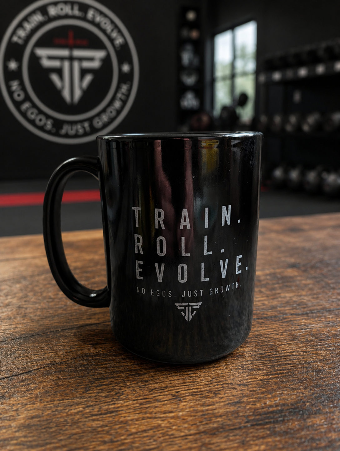 Train. Roll. Evolve. Black 15oz Motivational Coffee Mug